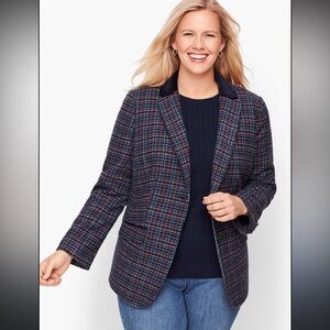Talbots Colorful Plaid Wool Blend Blazer Velvet Dark Collar Accent Size 20WP